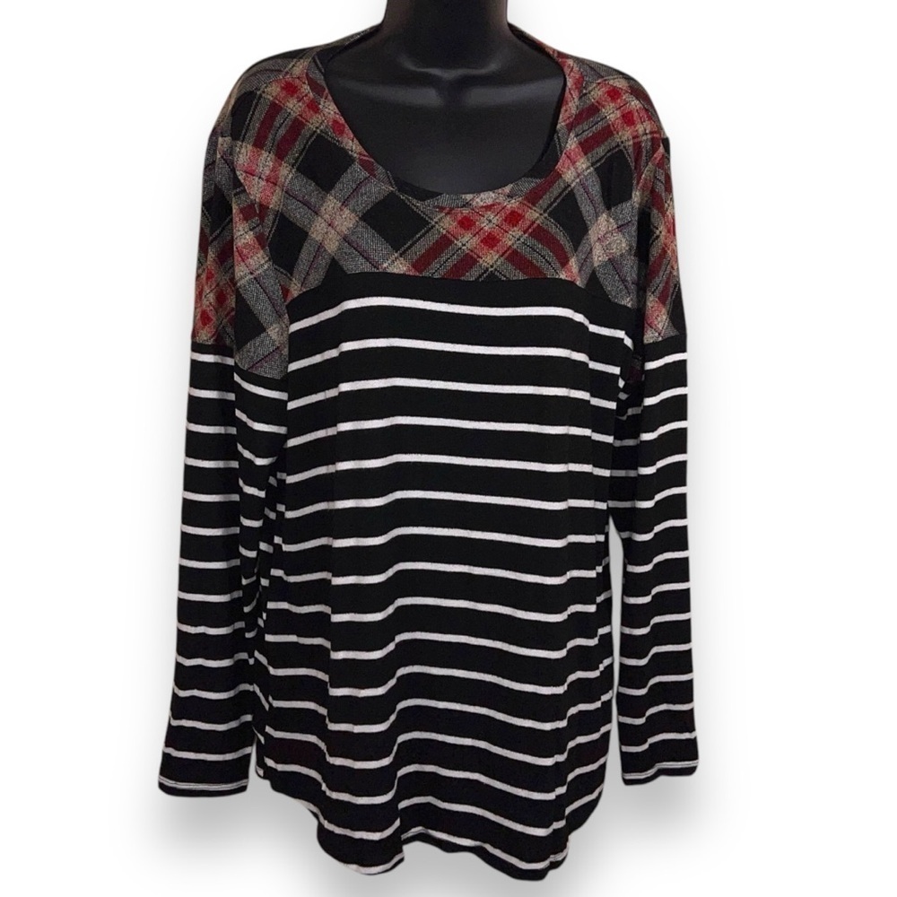 XL MAURICES PLAID STRIPED LONG SLEEVE TOP BLACK WHITE CASUAL STRETCH